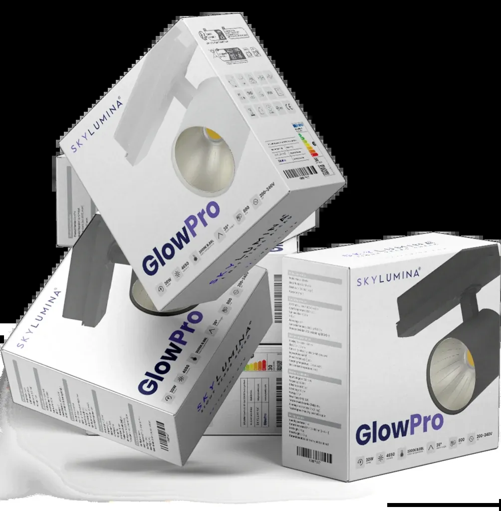 GlowPro Verpackungen in Schwarz und Weiß auf Sockel